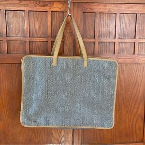 Large Tote Bag Brown Beige Herringbone Vinyl Water Resistant Packable Excellent